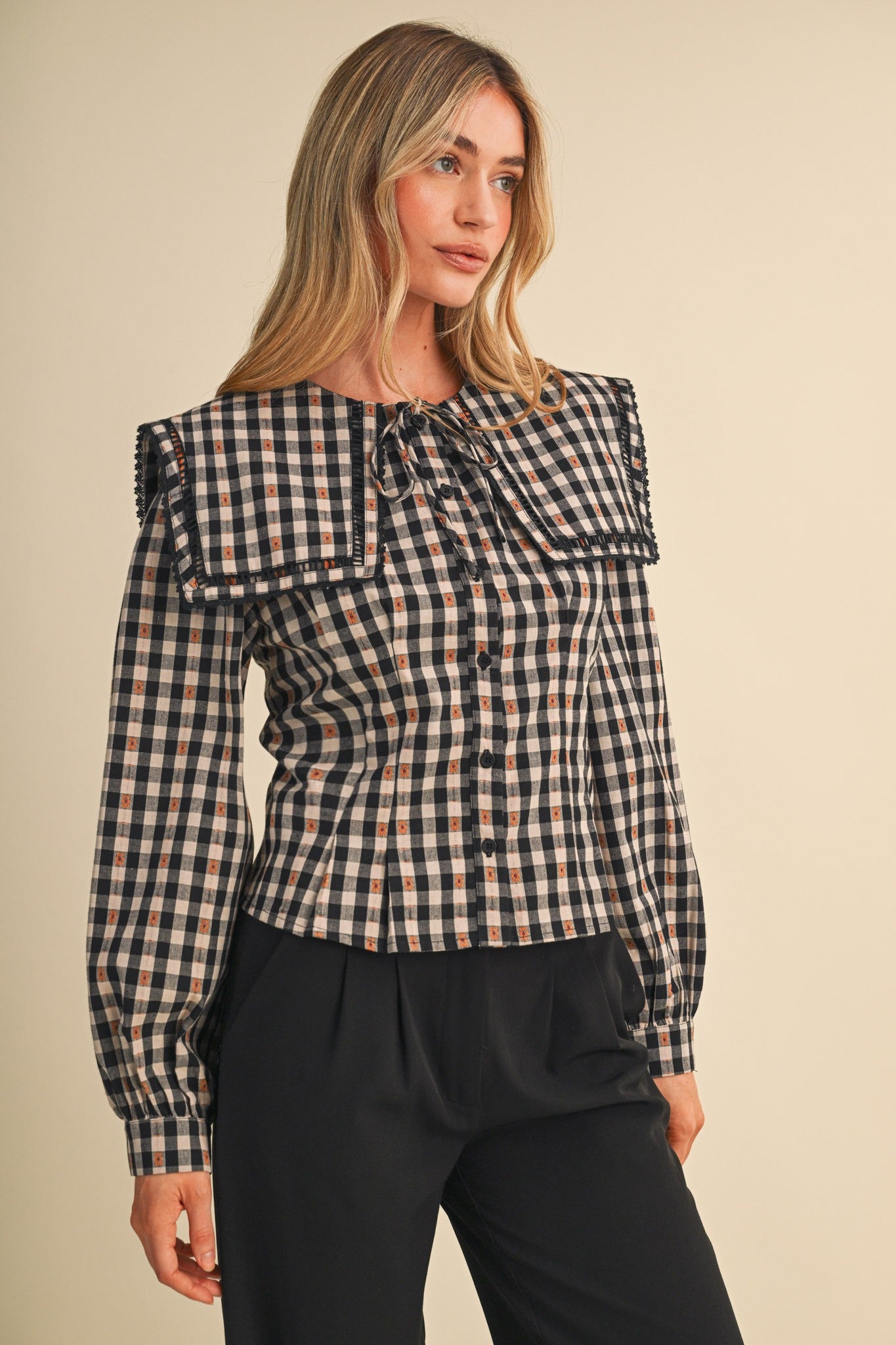 Gingham Gazette Statement Collar Gingham Blouse in Black Gingham, photo 1