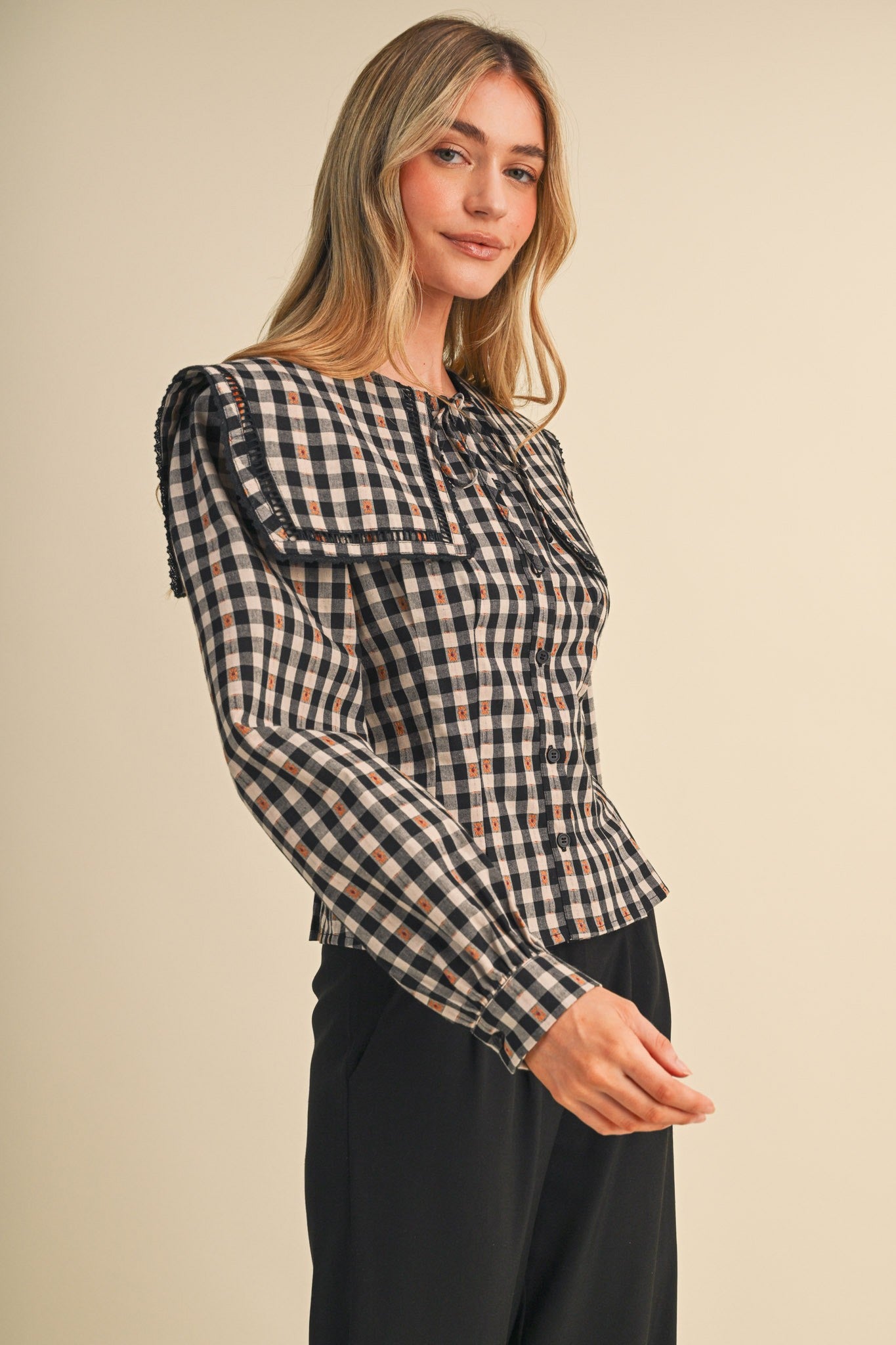 Gingham Gazette Statement Collar Gingham Blouse in Black Gingham, photo 8