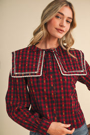 Gingham Gazette Statement Collar Gingham Blouse in Red Gingham, photo 1