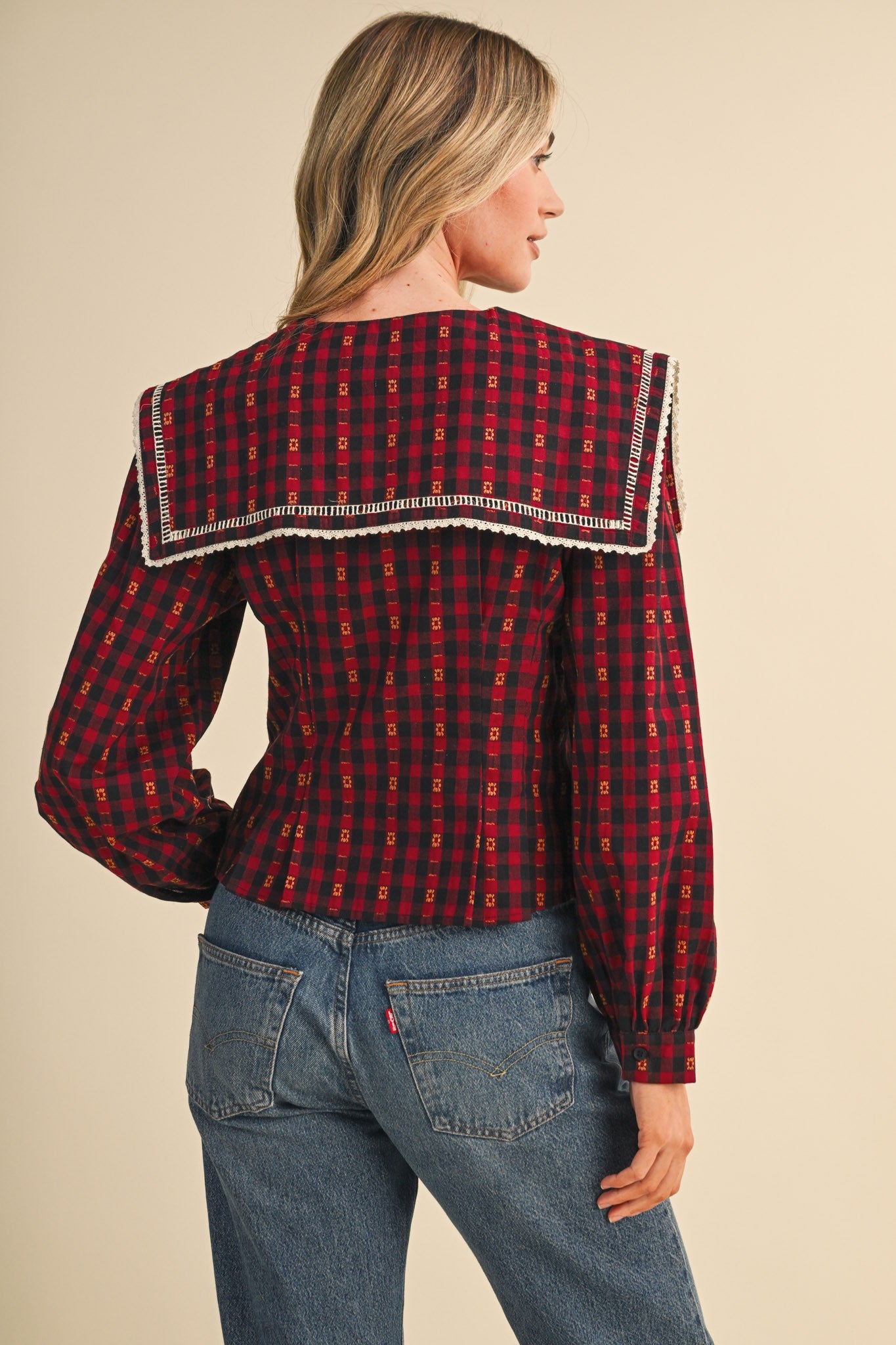 Gingham Gazette Statement Collar Gingham Blouse in Red Gingham, photo 5