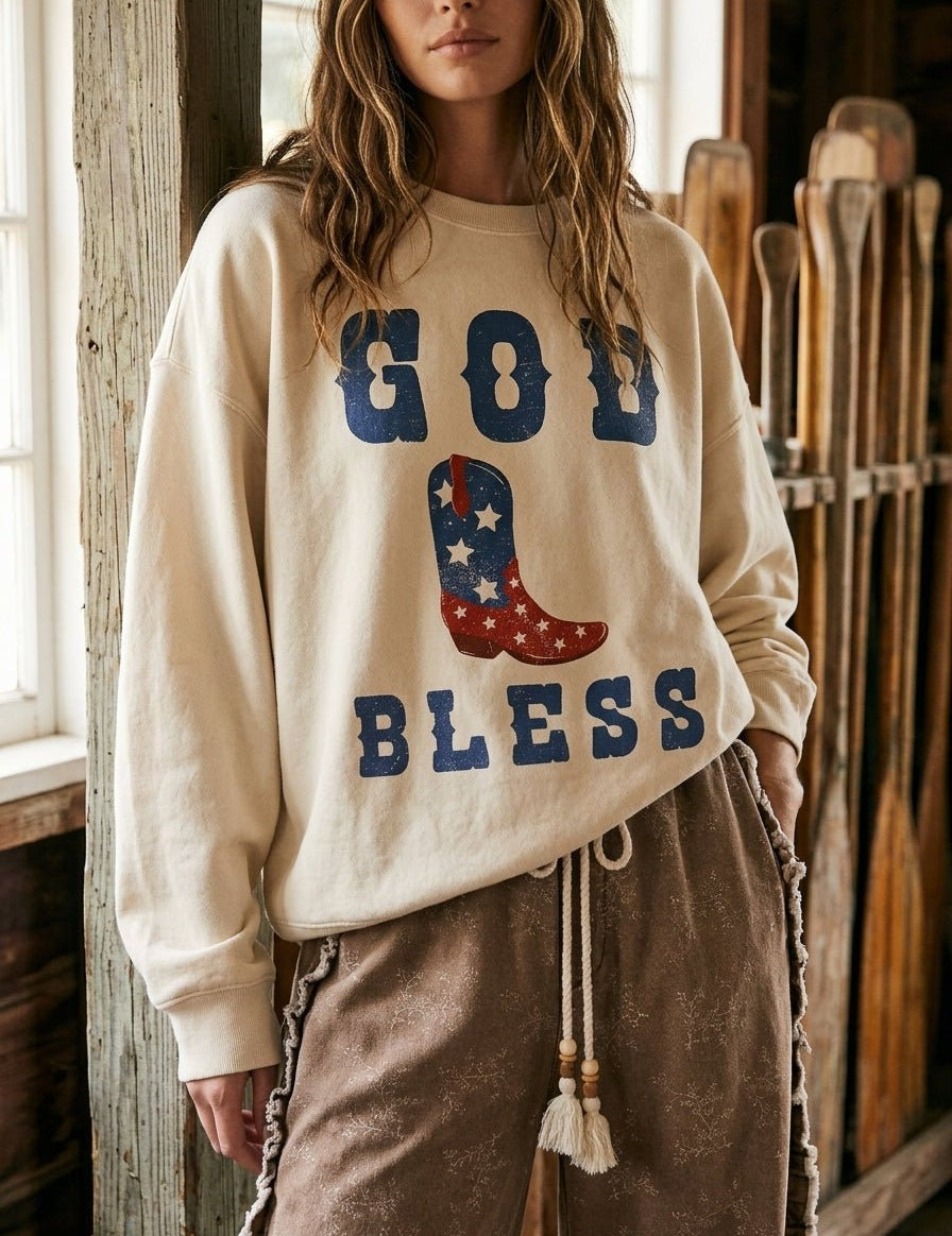 God Bless Cowboy Boot Oversized Graphic Sweatshirt - Westly