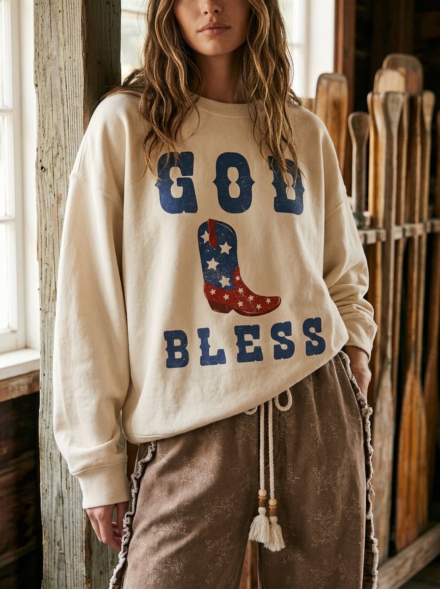 God Bless Cowboy Boot Oversized Graphic Sweatshirt - Westly