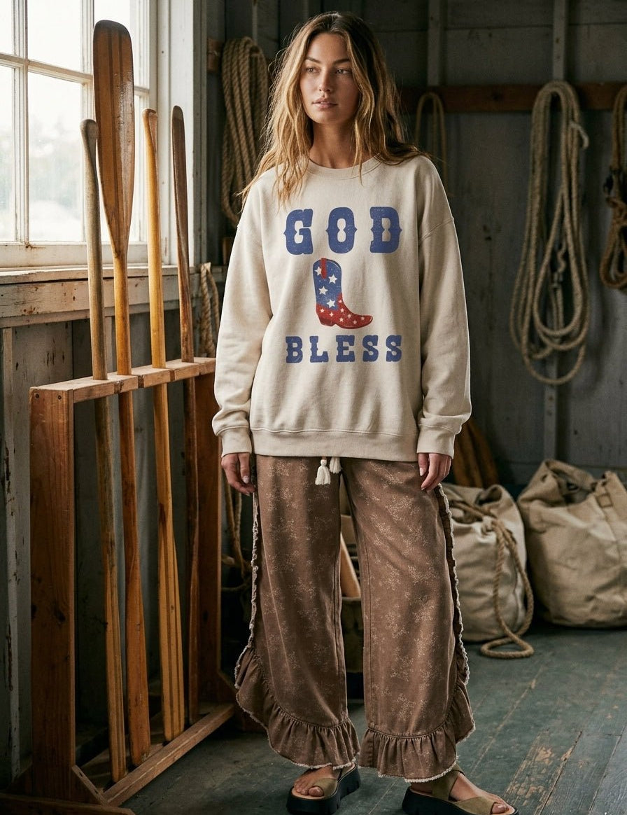 God Bless Cowboy Boot Oversized Graphic Sweatshirt - Westly
