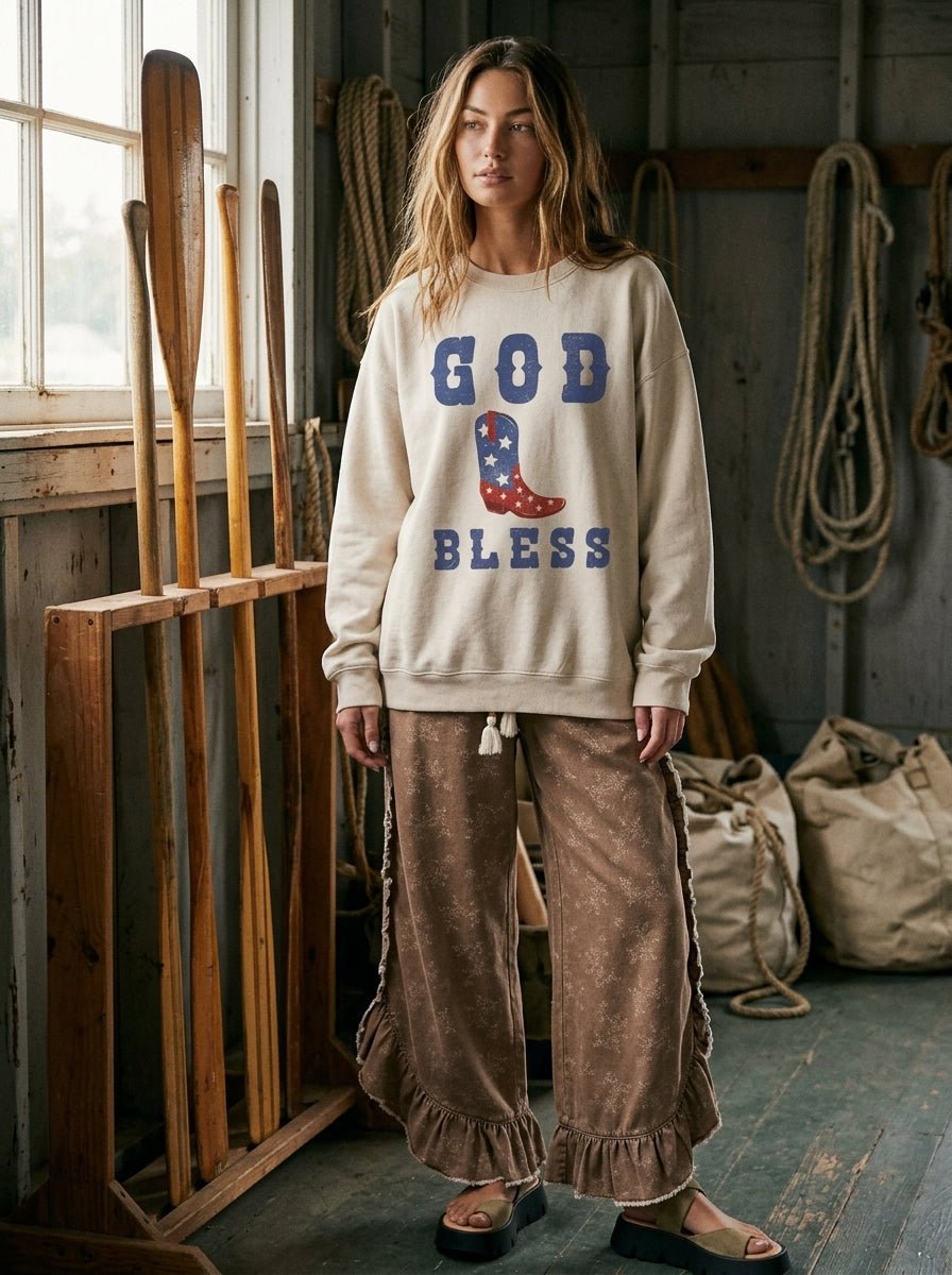 God Bless Cowboy Boot Oversized Graphic Sweatshirt - Westly