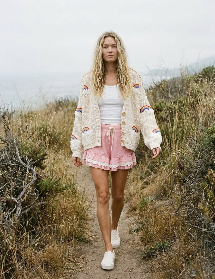 Good Fortune V - Neck Cardigan With Rainbow Overstitch - Westly