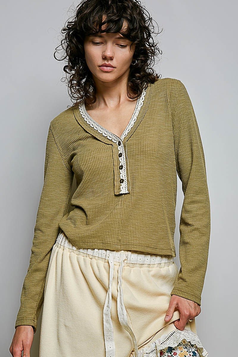 Good Intentions V-Neck Lace Trim Henley - Westly