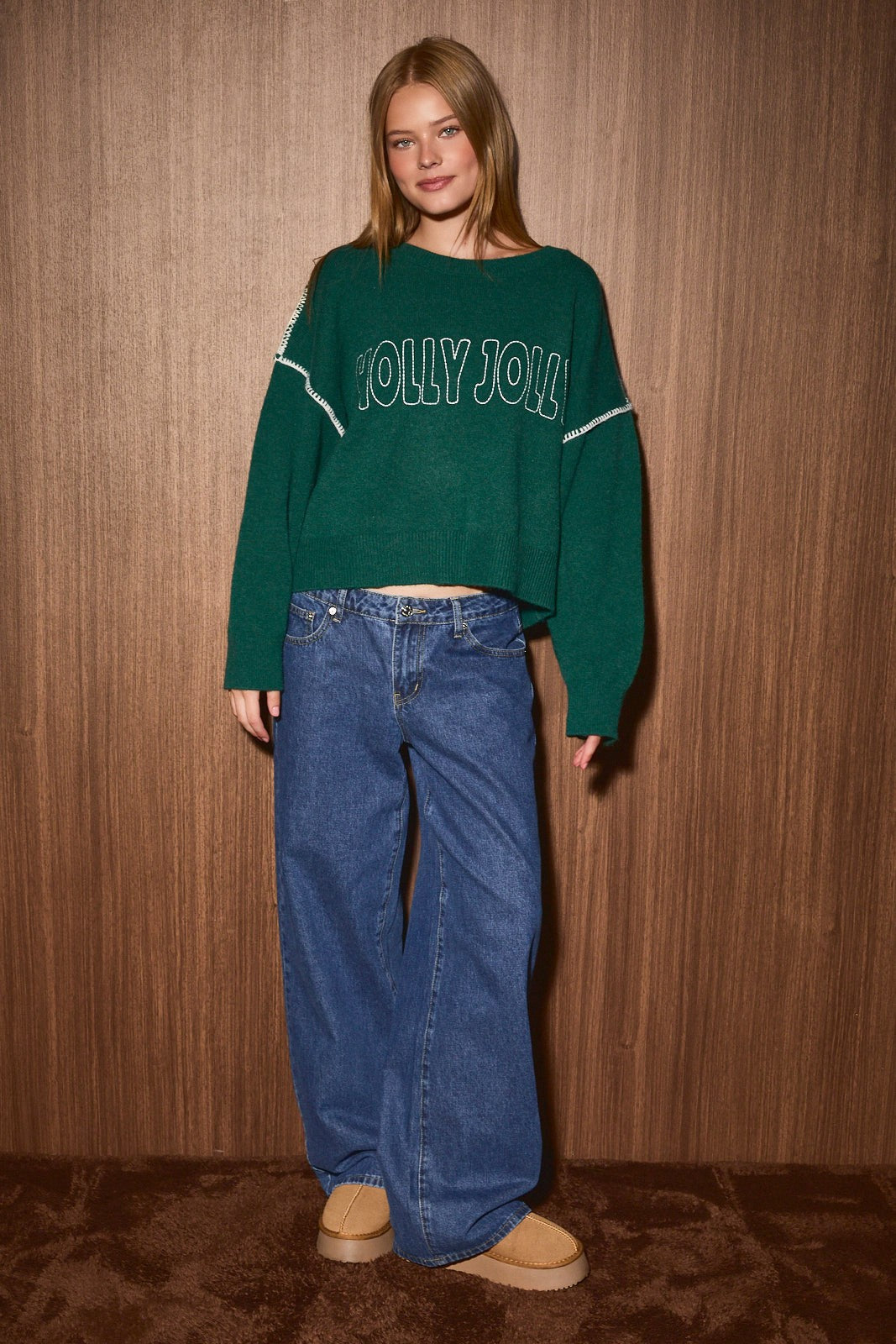Good Tidings Blanket Stitch Sweater in Green White, product photo 4