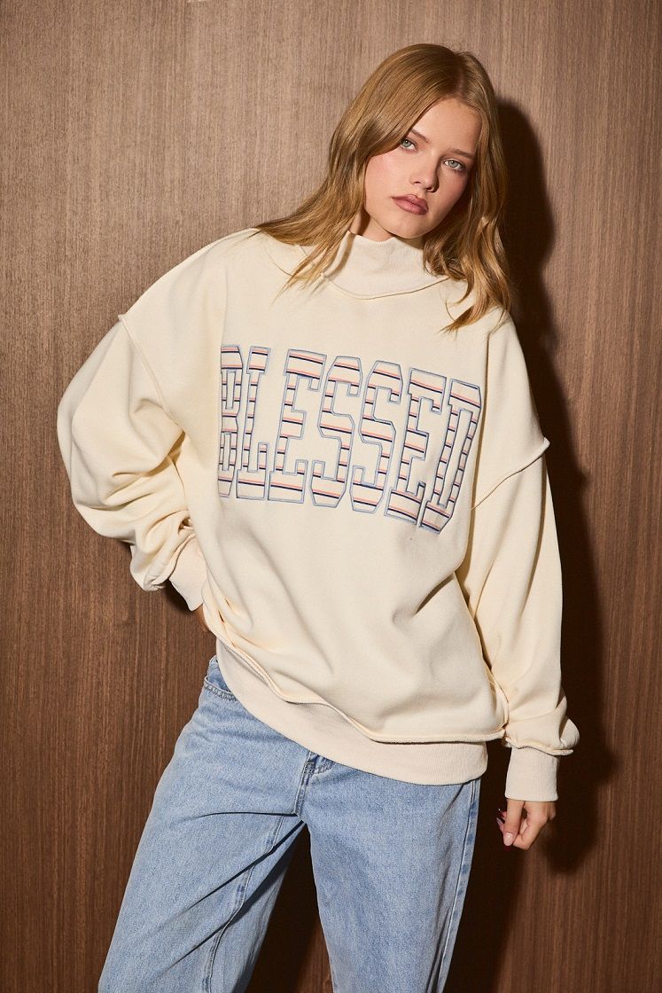 Grateful Blessed Mock Neck Sweatshirt in Cream - product photo 6