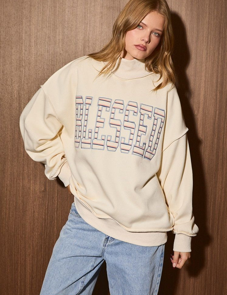 Grateful Blessed Mock Neck Sweatshirt in Cream - product photo 6