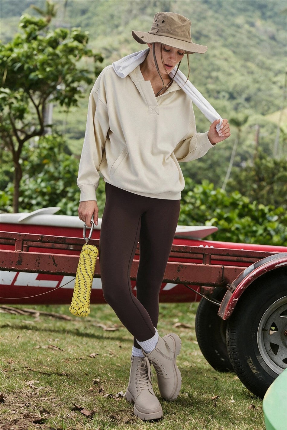 Greer Brushed Polo Neck Hoodie in Cream Taupe, photo 4