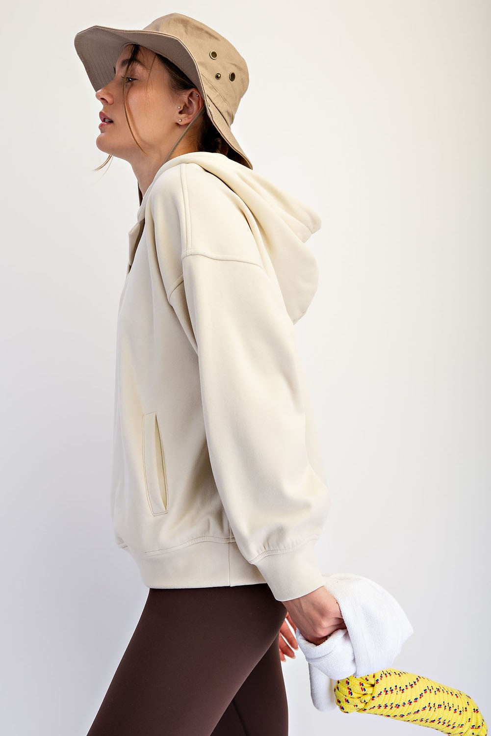 Greer Brushed Polo Neck Hoodie in Cream Taupe, photo 5