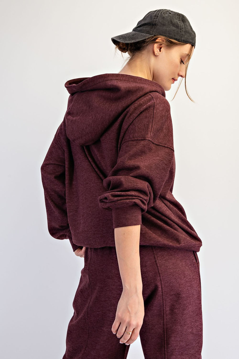 Greer Brushed Polo Neck Hoodie in Dark Cherry, photo 3