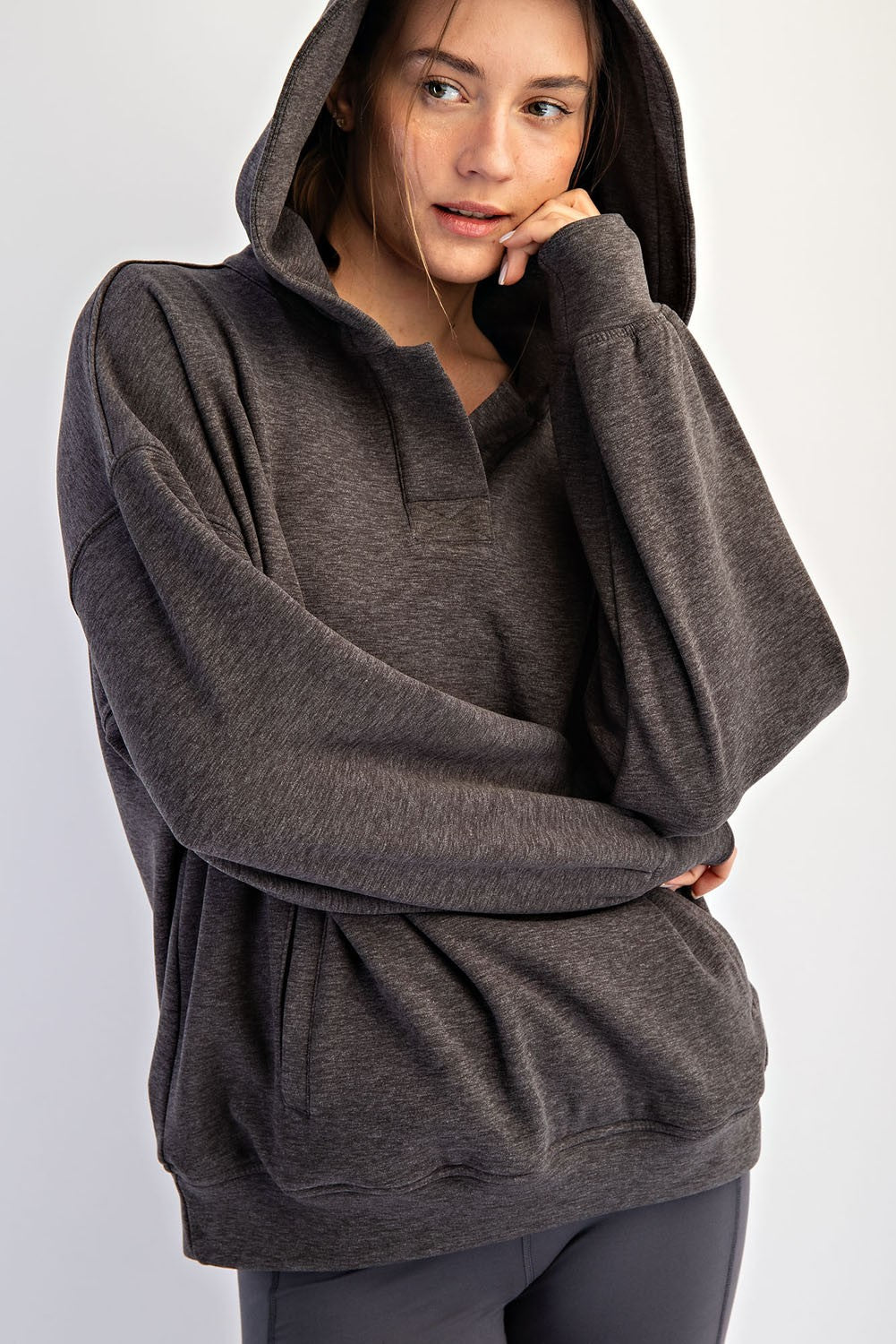 Greer Brushed Polo Neck Hoodie in Heather Charcoal, photo 2