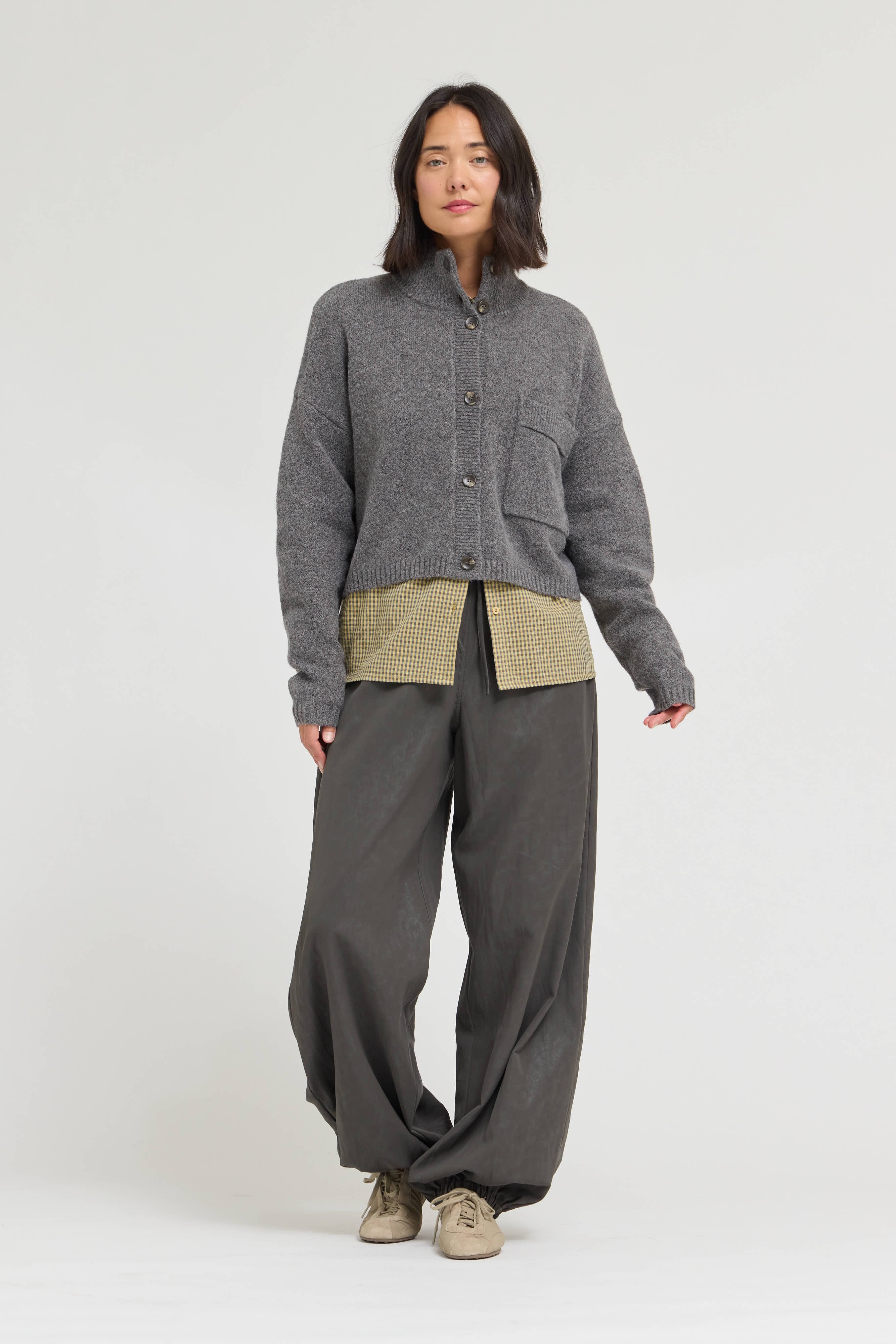 Greystone Funnel Neck Crop Cardigan in Warm Grey, photo 2