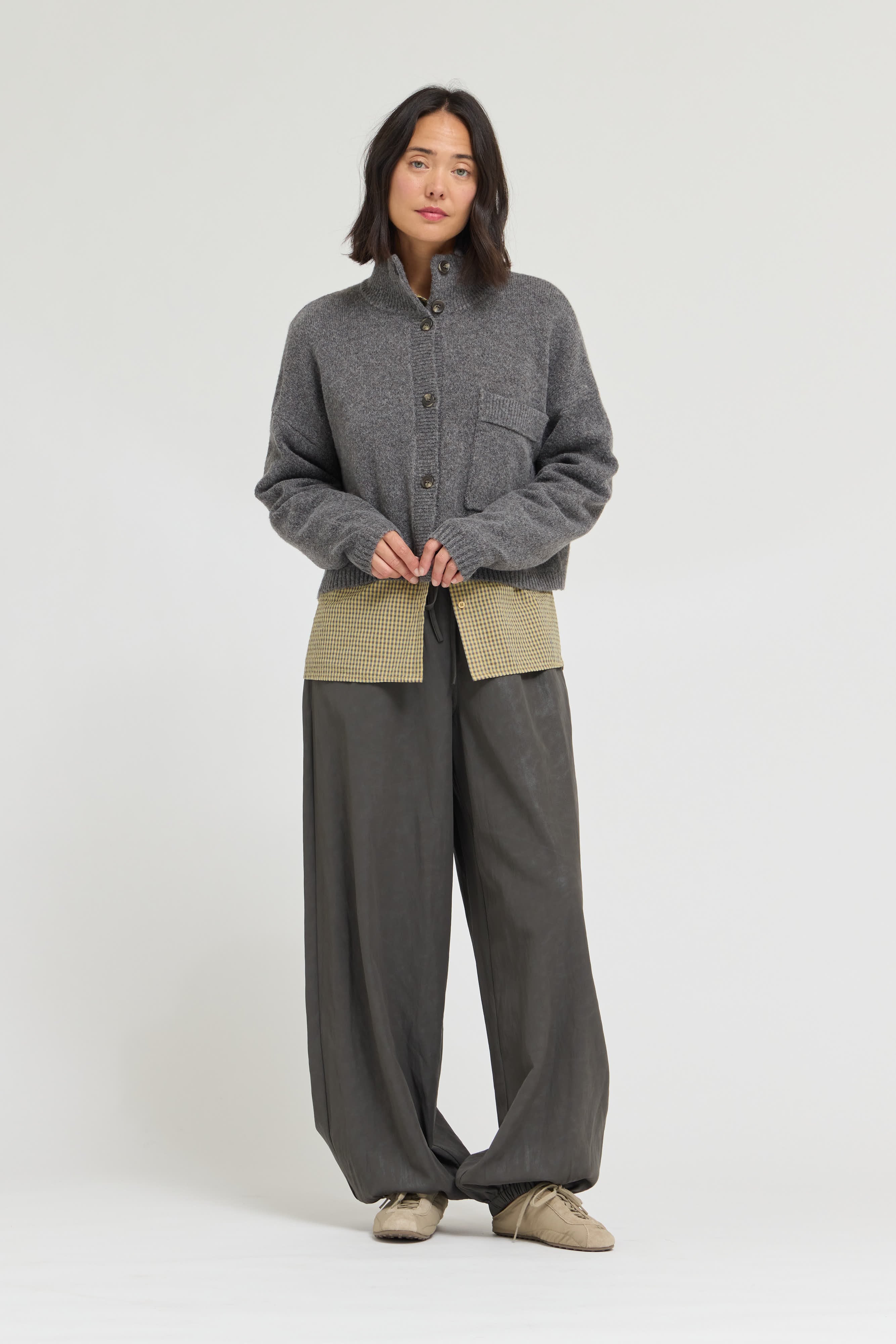 Greystone Funnel Neck Crop Cardigan in Warm Grey, photo 3