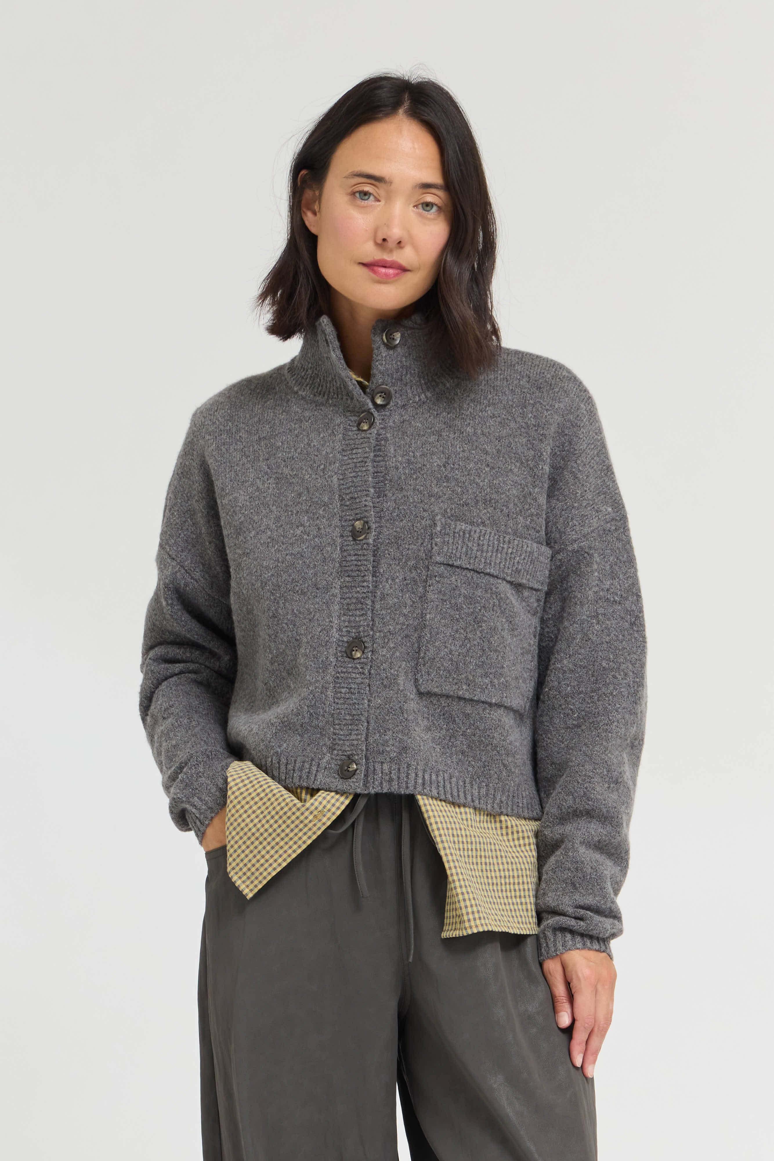 Greystone Funnel Neck Crop Cardigan in Warm Grey, photo 4