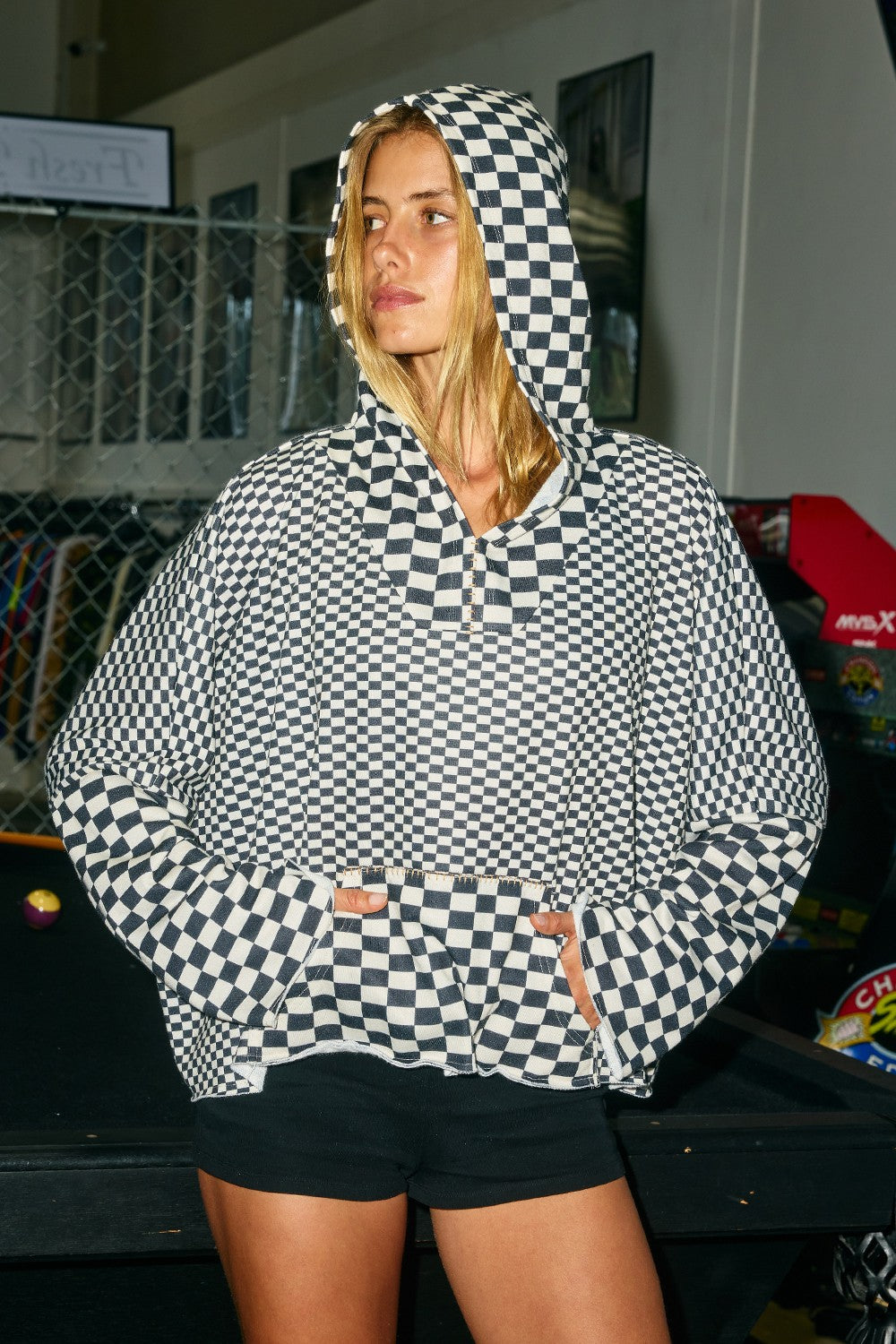 Gridline Checkerboard Hooded Pullover - Black