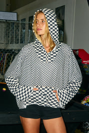 Gridline Checkerboard Hooded Pullover - Black