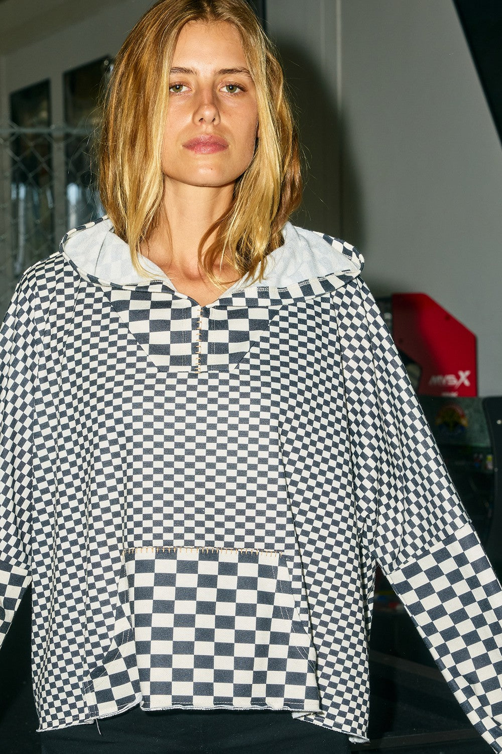Gridline Checkerboard Hooded Pullover - Black