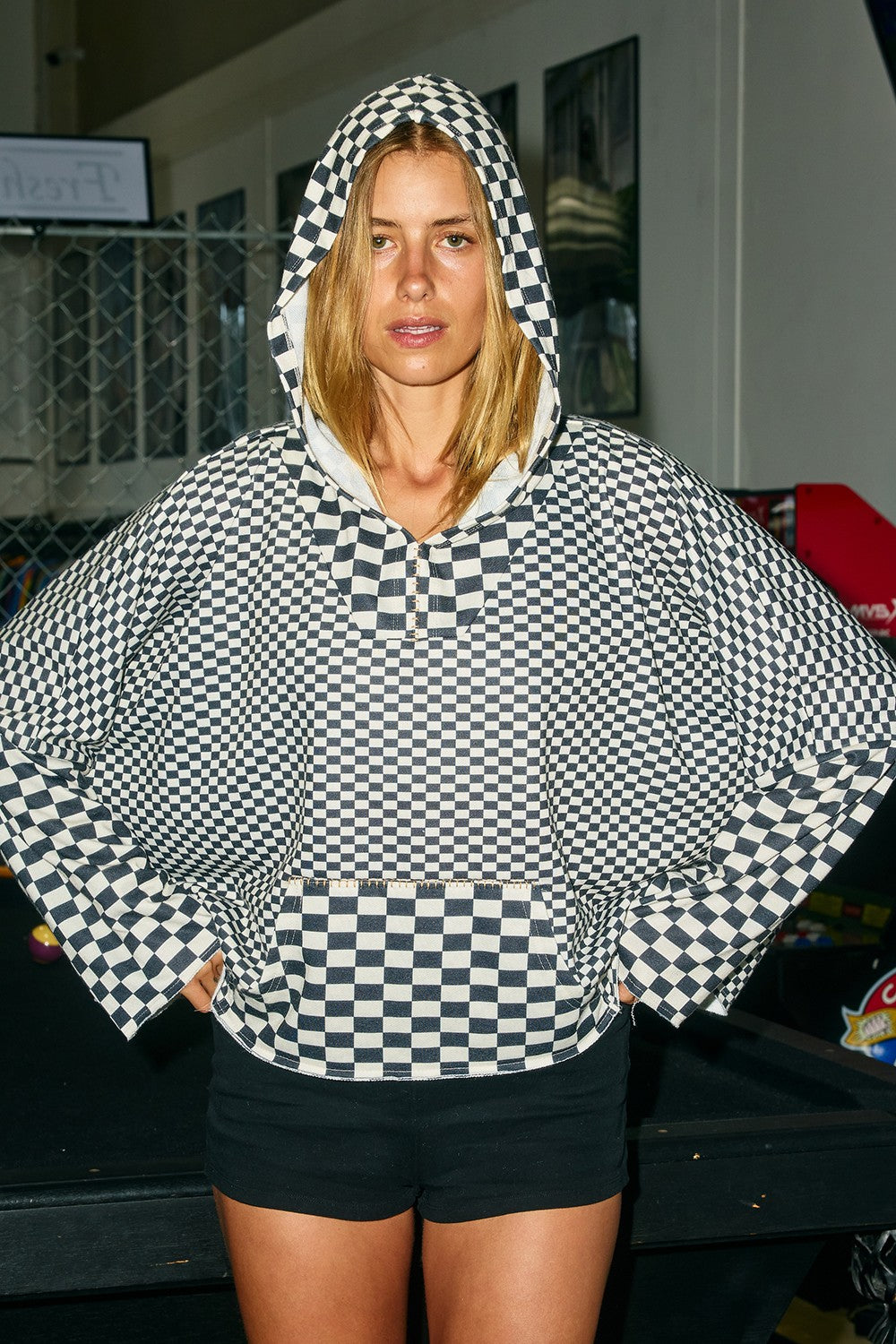 Gridline Checkerboard Hooded Pullover - Black