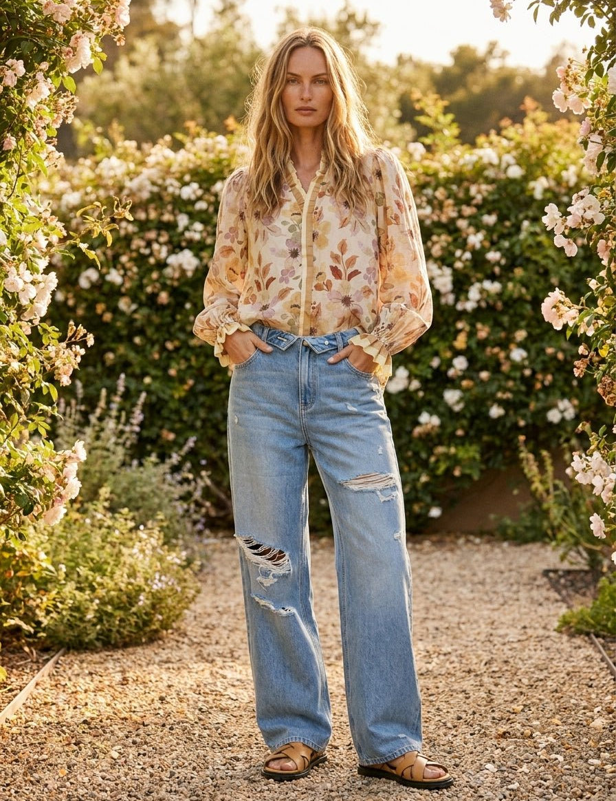 Hadley Fold - Over Waistband Wide - Leg Distressed Jeans - Westly