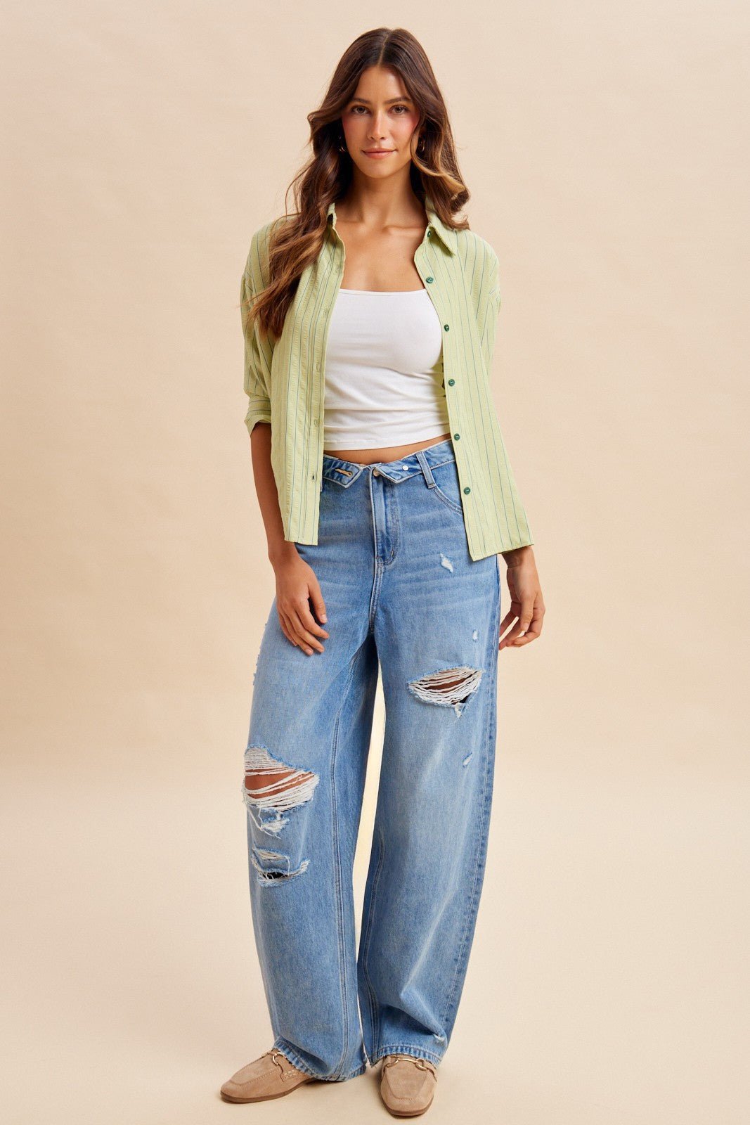 Hadley Fold - Over Waistband Wide - Leg Distressed Jeans - Westly