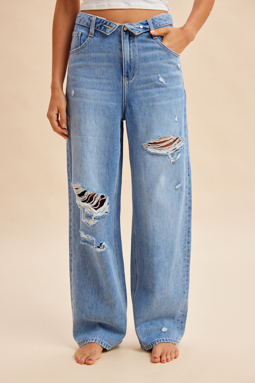 Hadley Fold - Over Waistband Wide - Leg Distressed Jeans - Westly