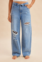 Hadley Fold - Over Waistband Wide - Leg Distressed Jeans - Westly