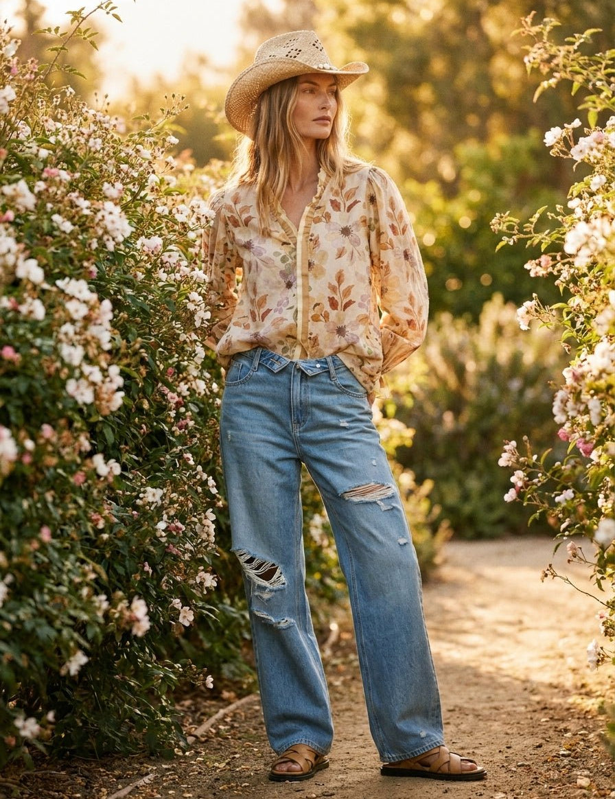 Hadley Fold - Over Waistband Wide - Leg Distressed Jeans - Westly