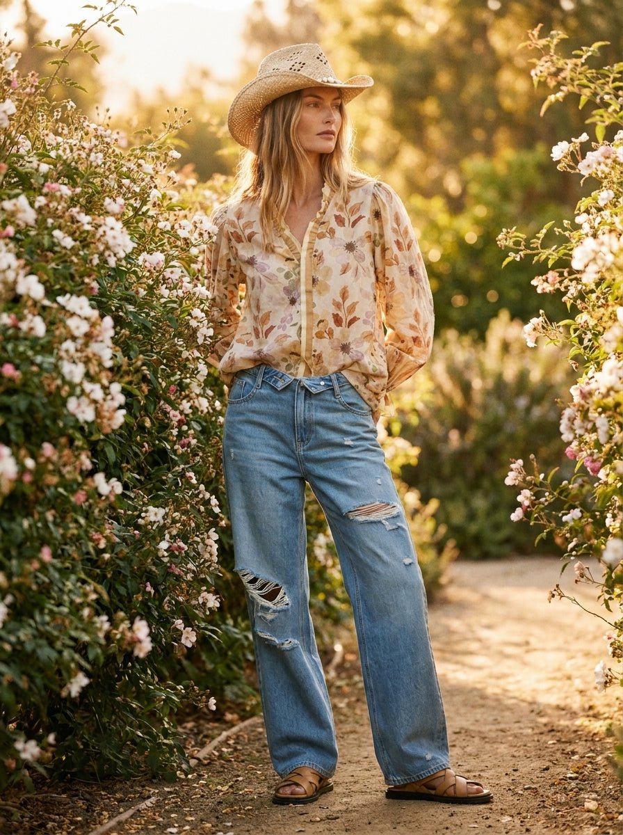 Hadley Fold - Over Waistband Wide - Leg Distressed Jeans - Westly