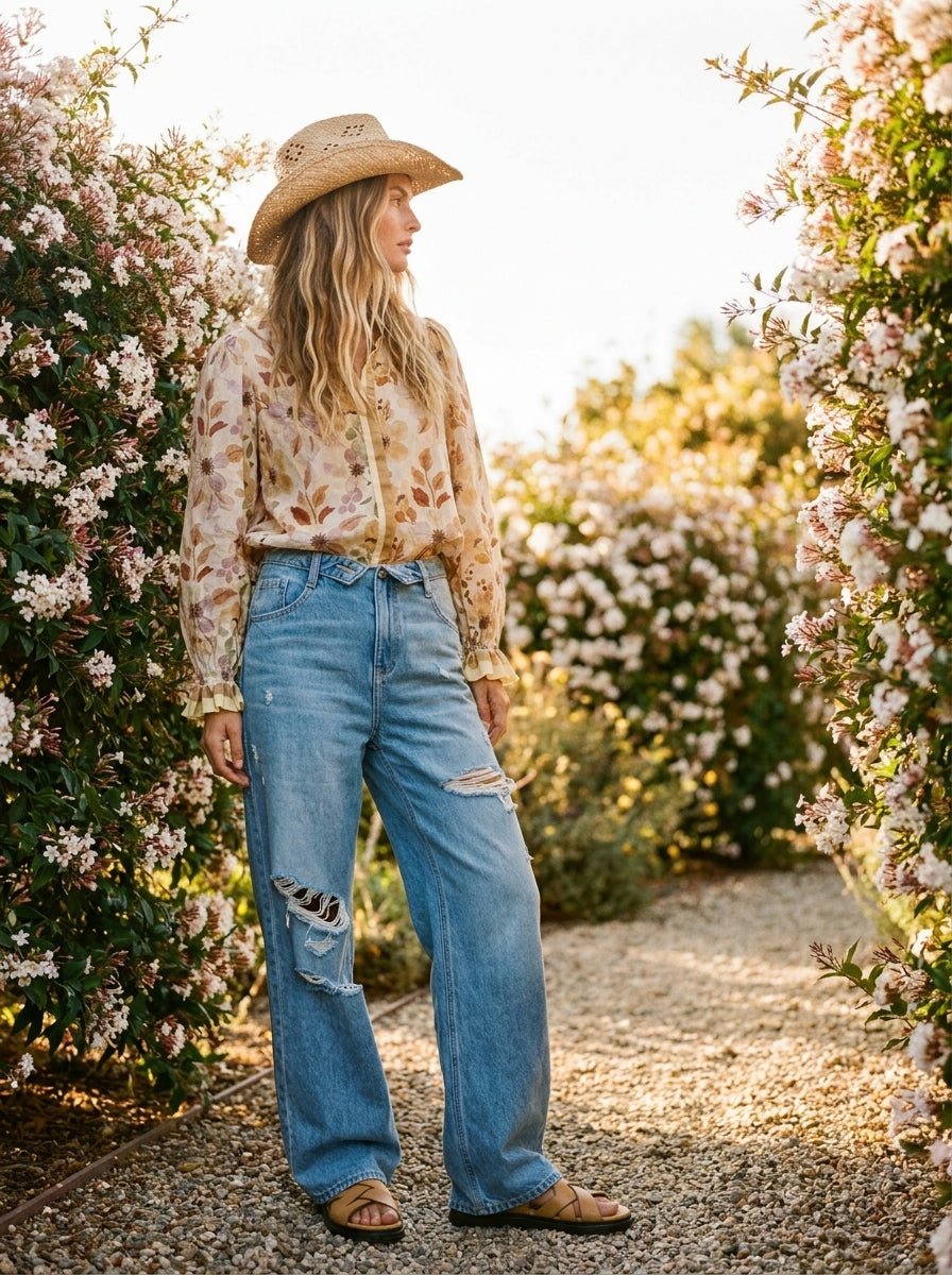 Hadley Fold - Over Waistband Wide - Leg Distressed Jeans - Westly