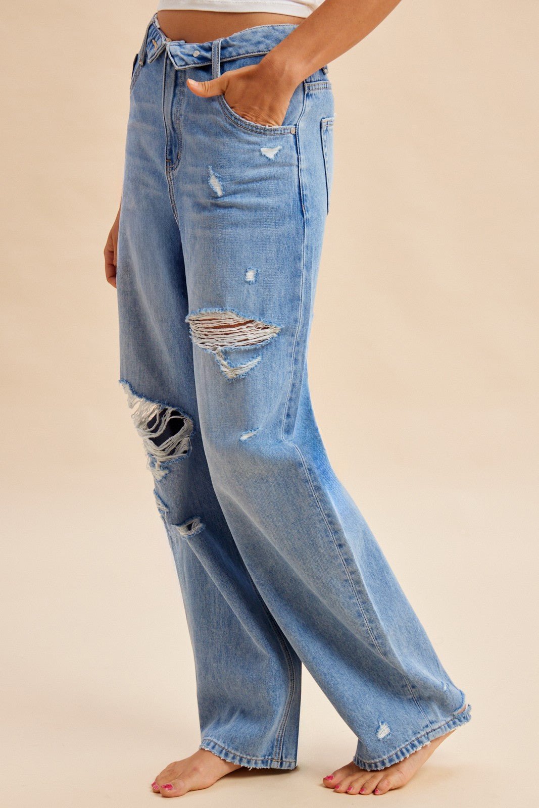 Hadley Fold - Over Waistband Wide - Leg Distressed Jeans - Westly