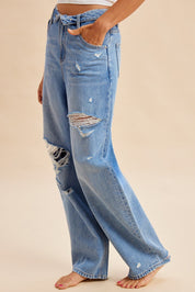 Hadley Fold - Over Waistband Wide - Leg Distressed Jeans - Westly