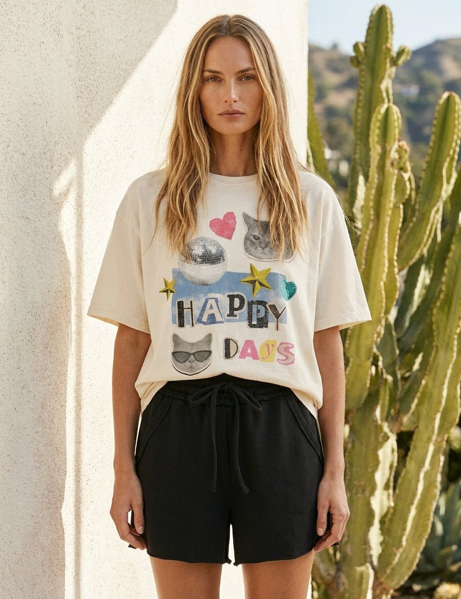 Happy Days Cats Collage Oversized Graphic Tee - Westly