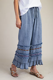 Harmony Ruffle Bottom Stone Washed Chambray Pants - Westly