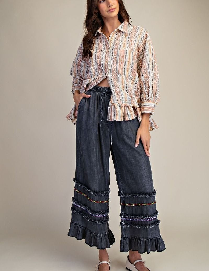 Harmony Ruffle Bottom Stone Washed Chambray Pants - Westly