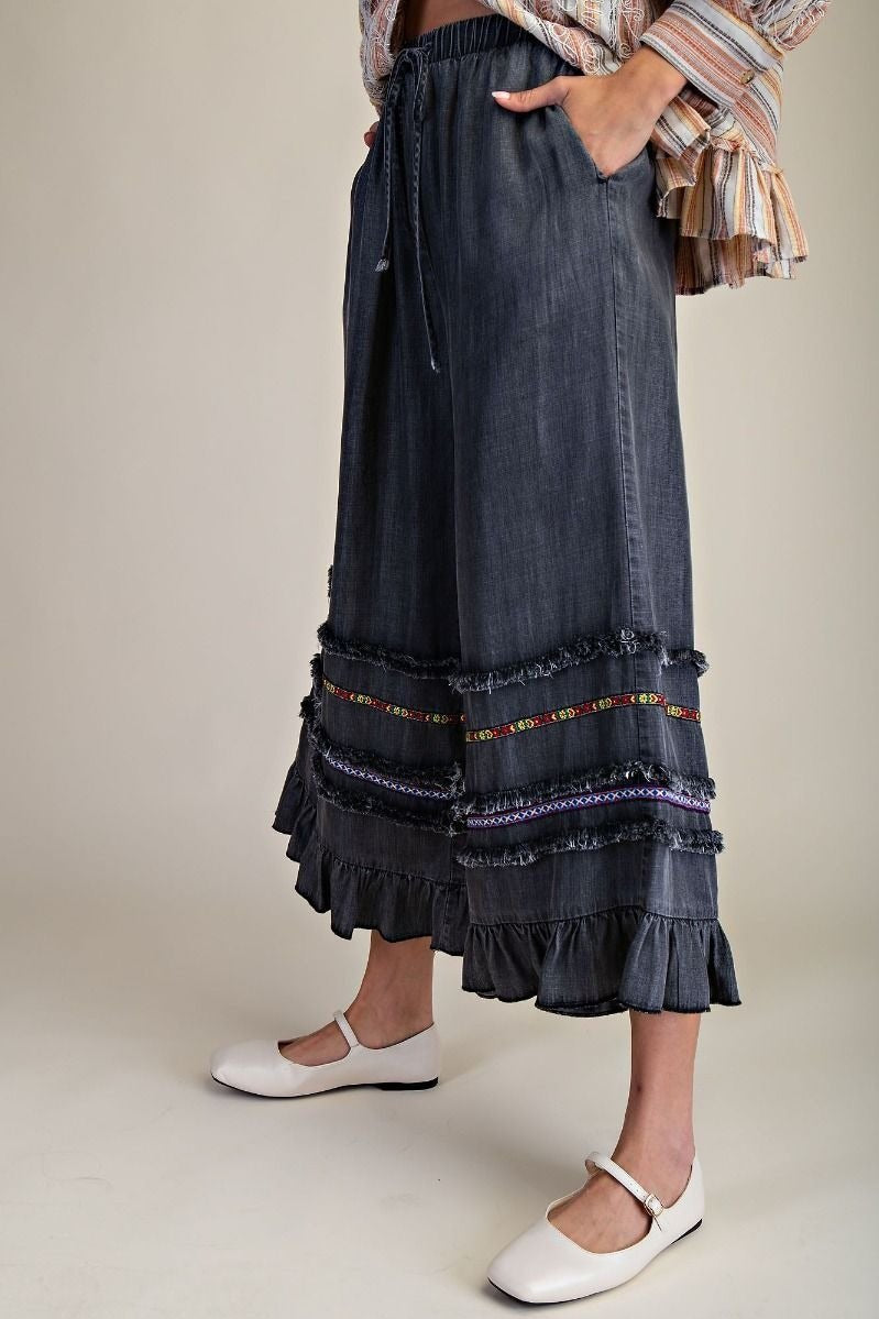 Harmony Ruffle Bottom Stone Washed Chambray Pants - Westly