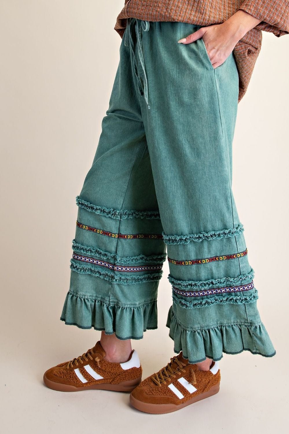 Harmony Ruffle Bottom Stone Washed Chambray Pants - Westly