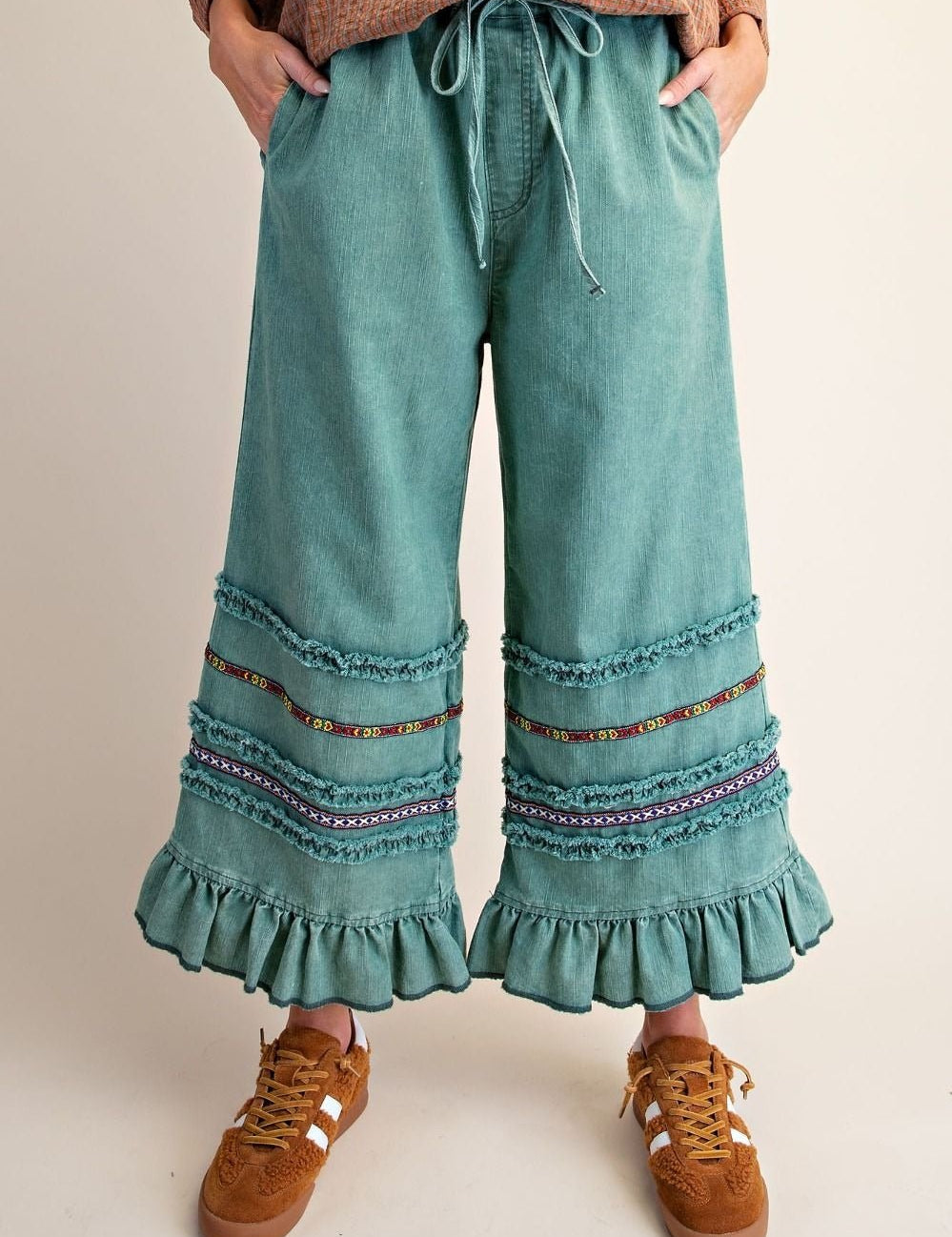 Harmony Ruffle Bottom Stone Washed Chambray Pants - Westly