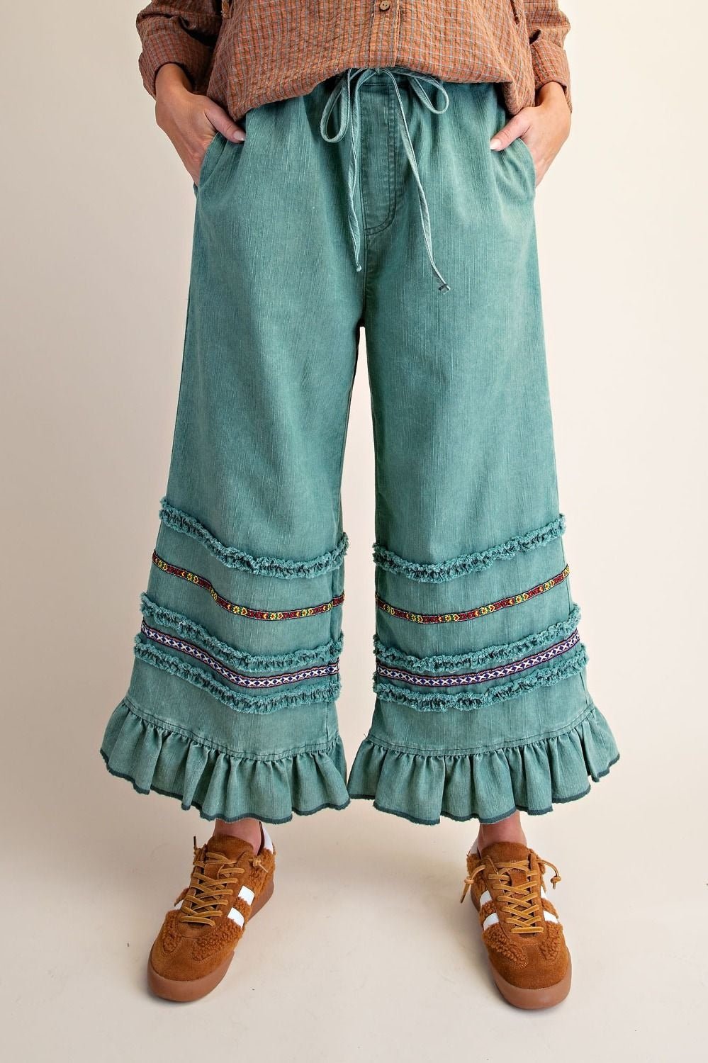 Harmony Ruffle Bottom Stone Washed Chambray Pants - Westly