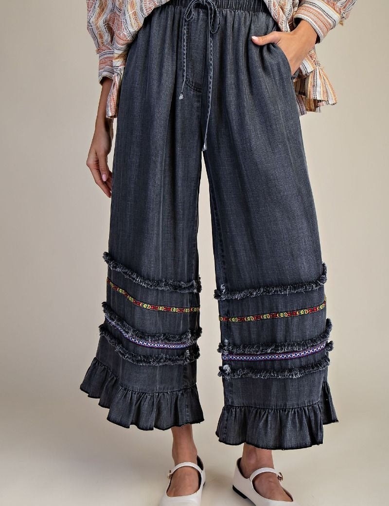 Harmony Ruffle Bottom Stone Washed Chambray Pants - Westly