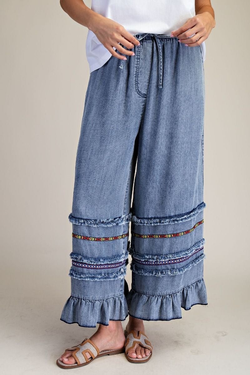 Harmony Ruffle Bottom Stone Washed Chambray Pants - Westly