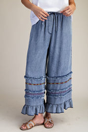 Harmony Ruffle Bottom Stone Washed Chambray Pants - Westly