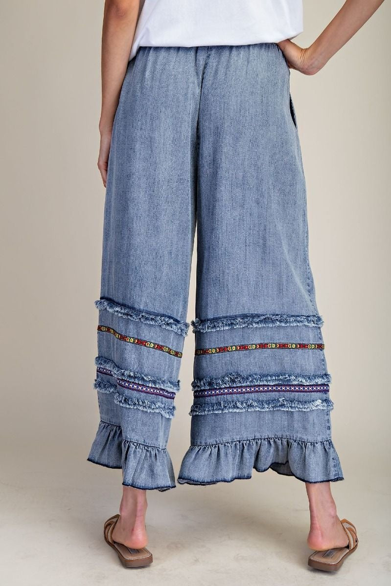 Harmony Ruffle Bottom Stone Washed Chambray Pants - Westly