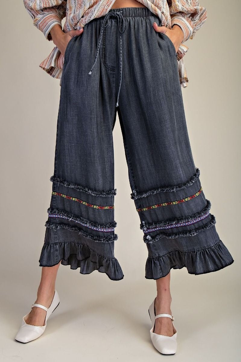 Harmony Ruffle Bottom Stone Washed Chambray Pants - Westly