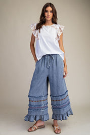Harmony Ruffle Bottom Stone Washed Chambray Pants - Westly