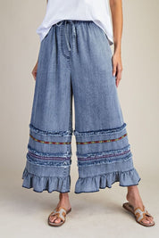 Harmony Ruffle Bottom Stone Washed Chambray Pants - Westly