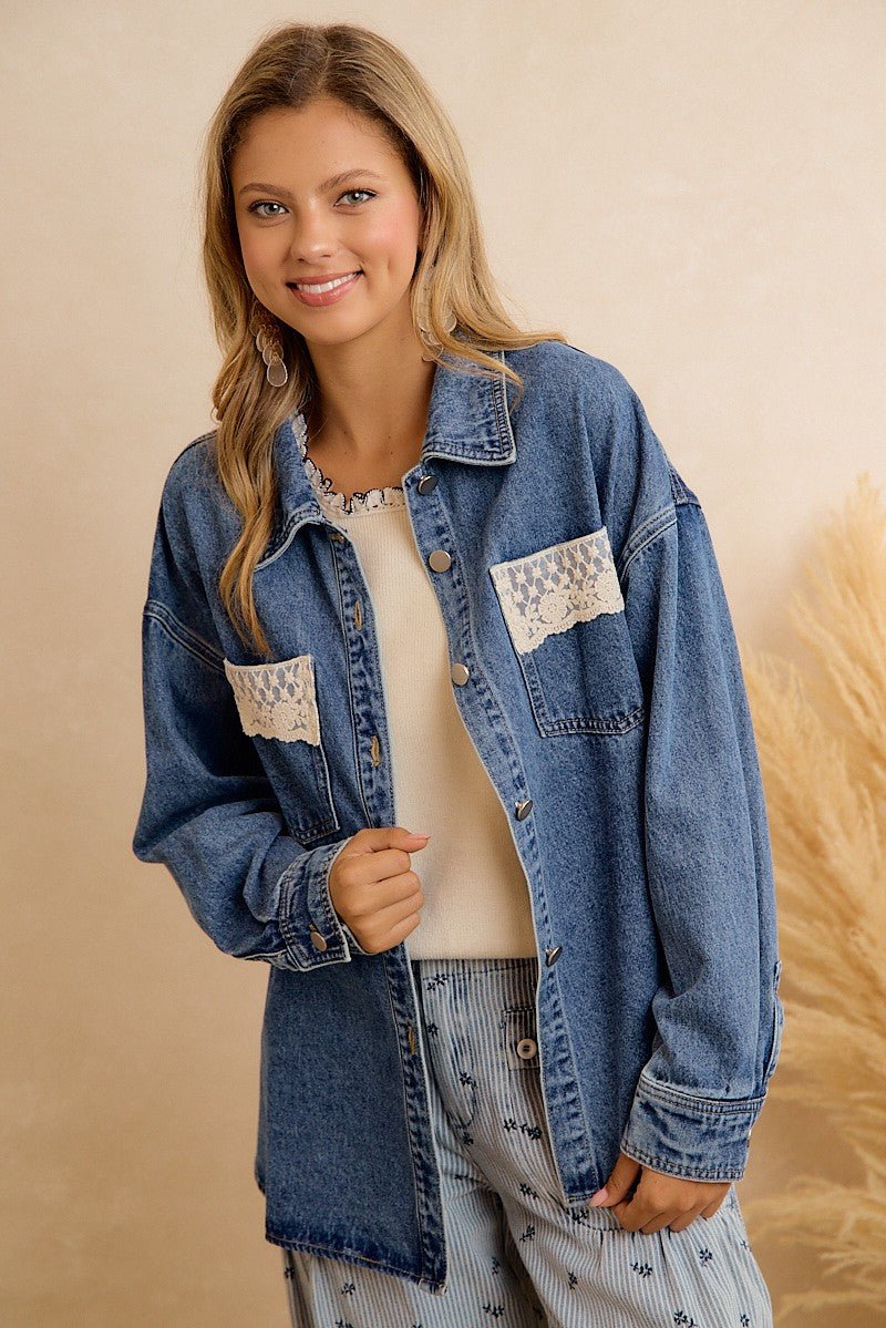 Harper Washed Denim Lace Trim Shacket - Westly