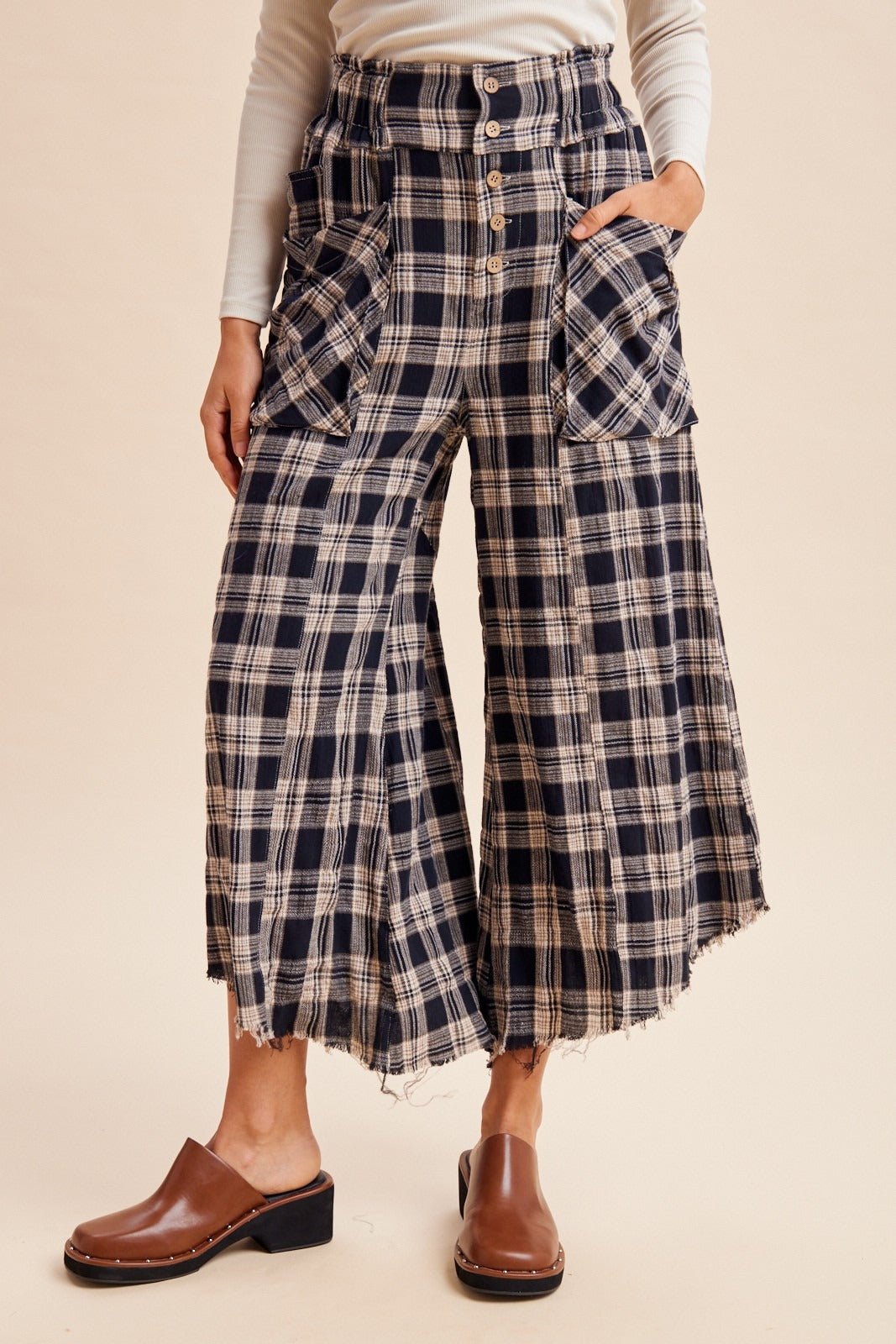 Harvest Washed Plaid Wide Leg Culottes - Westly