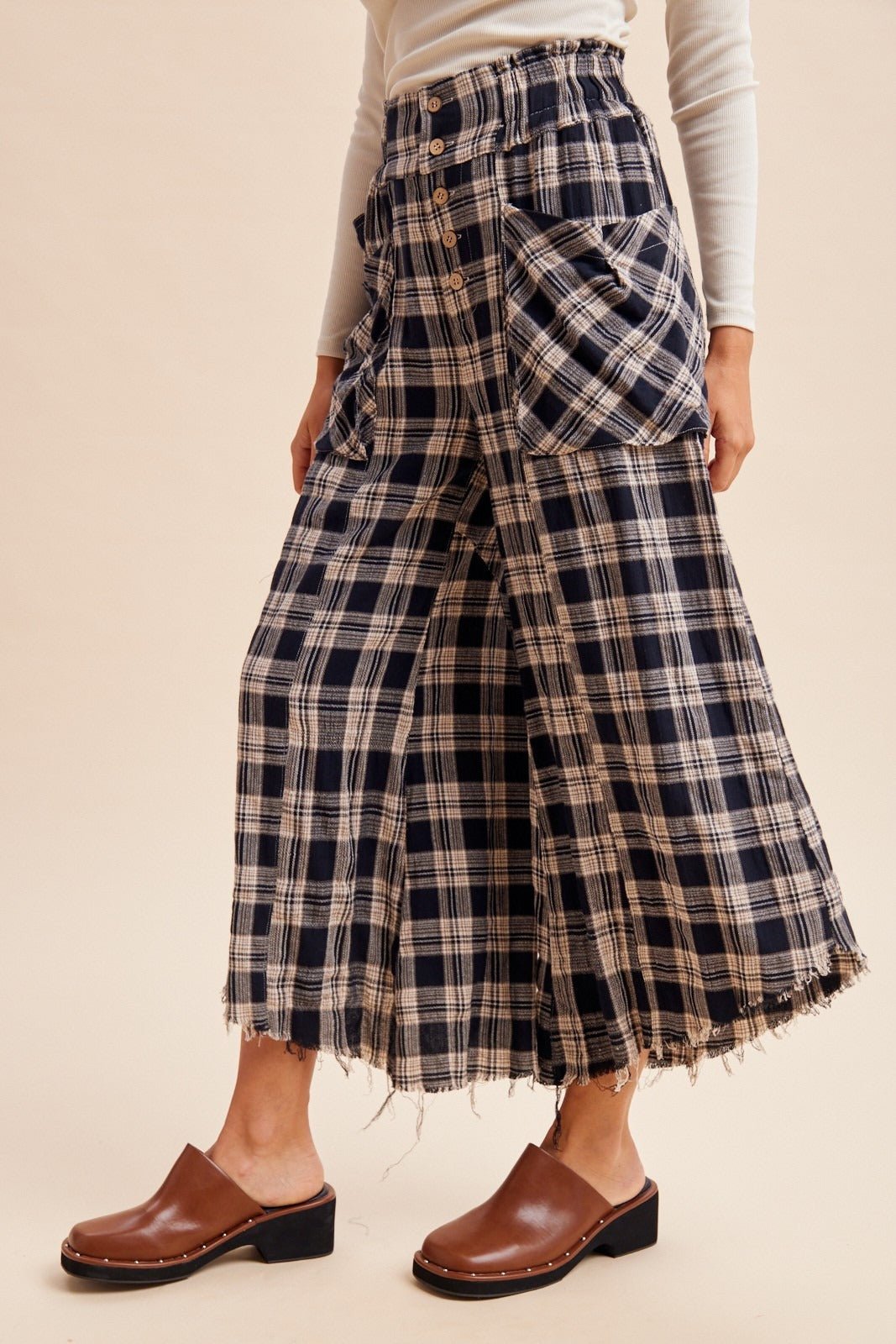 Harvest Washed Plaid Wide Leg Culottes - Westly